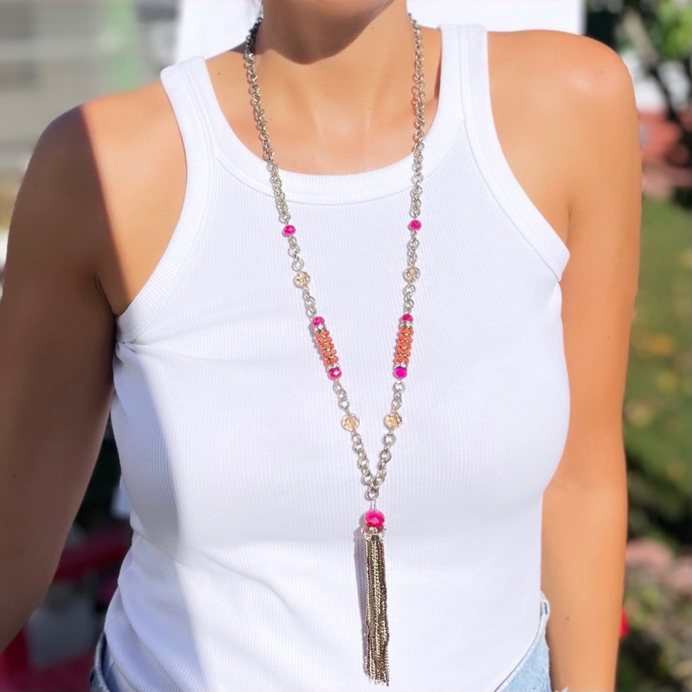Loft Long Pendant Necklace Colorful Beaded Tassels